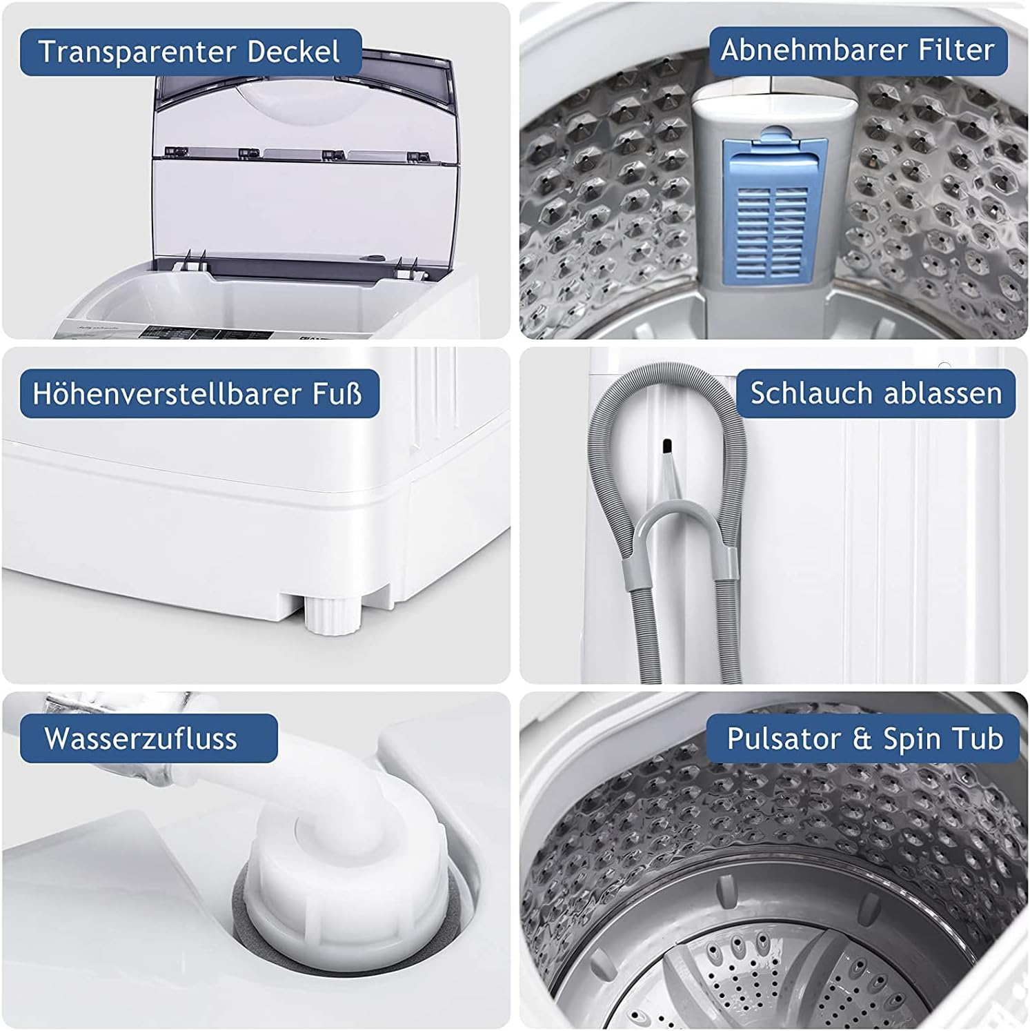 RELAX4LIFE 4,5 kg Vollautomatische Waschmaschine, Waschvollautomat mit Pumpe & Schleuder, Toplader Miniwaschmaschine mit LED-Display & 10 Programmauswahl, 310W/240W, 50 x 50 x 85 cm, Grau