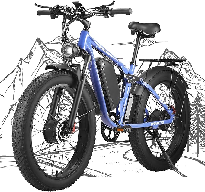 Peak 3000W Fat Tire Dual Motor Ebike 52V 23Ah Battery,26 x 4 Electric Mountain Bicycle for Adults Men 38MPH Full Lockbale Suspension Ebike 90 Miles Range 7 Speed Hydraulic Disc Brake（US Warehouse)