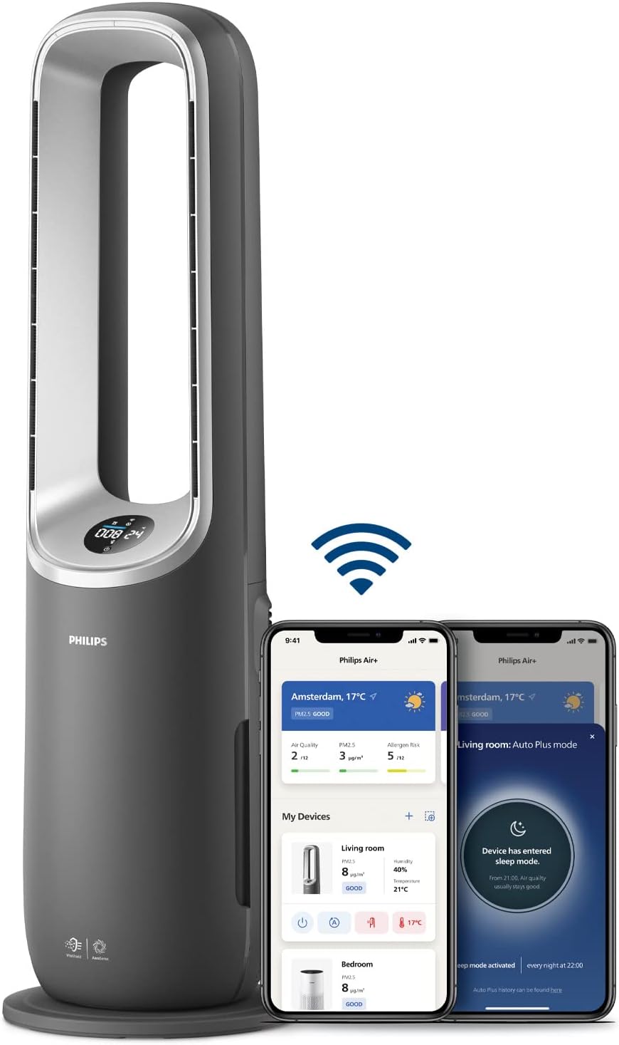 Philips Air Performer 3en1: Purificador, calefactor y ventilador - 70 m², elimina el 99,97% de los alérgenos. Filtro HEPA, Sensores inteligentes, Alexa, App. Silencioso y bajo consumo (AMF870/15)