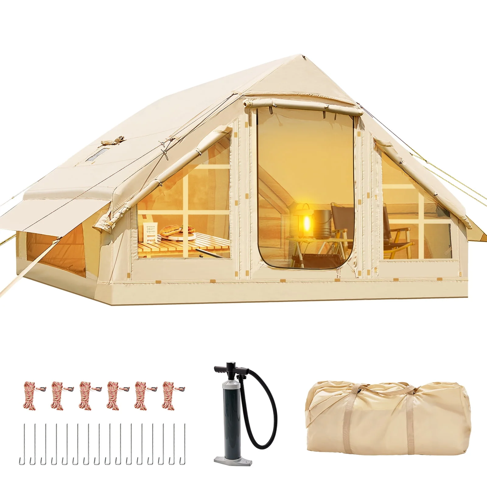 6 Person Inflatable Camping Tent with Pump, 10ft x7ft Glamping Family Tent Easy Setup 4 Season Waterproof Windproof Outdoor Blow Up Tent Luxury Oxford Cabin with Mesh Windows & Doors  sgtnighsdesigns