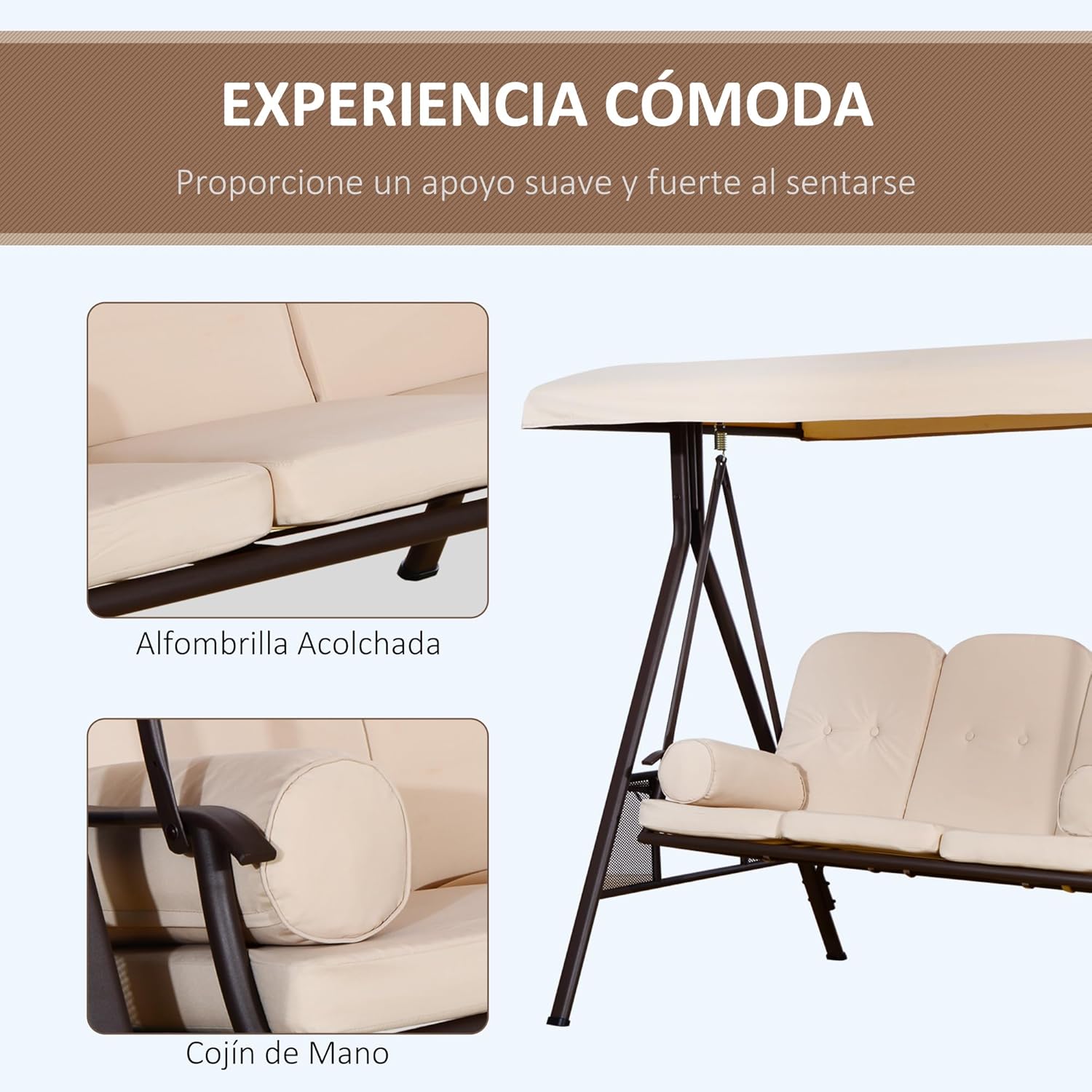 Outsunny Balancín de Jardín Exterior de 3 Plazas Columpio de Jardín Exterior con Toldo Ajustable Bandejas Laterales 2 Almohadas y Marco de Metal Carga 360 kg 208x121x172 cm Beige