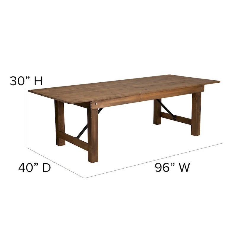 8' x 40 Rustic Folding Farm Table Set with 10 Cross Back Chairs and Cushions