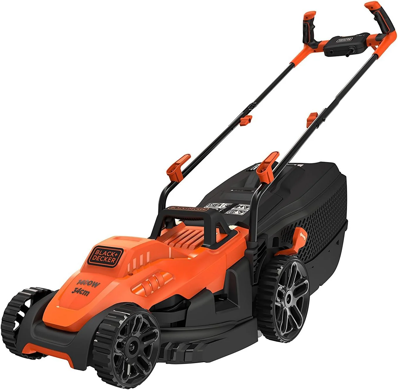 BLACK+DECKER Cortacésped con Manillar de Tipo Bicicleta 1600W, Ancho de Corte 38cm, Sistema E-Drive, EdgeMax y SoftTouch, 6 Alturas de Corte, Depósito 45L, BEMW471BH