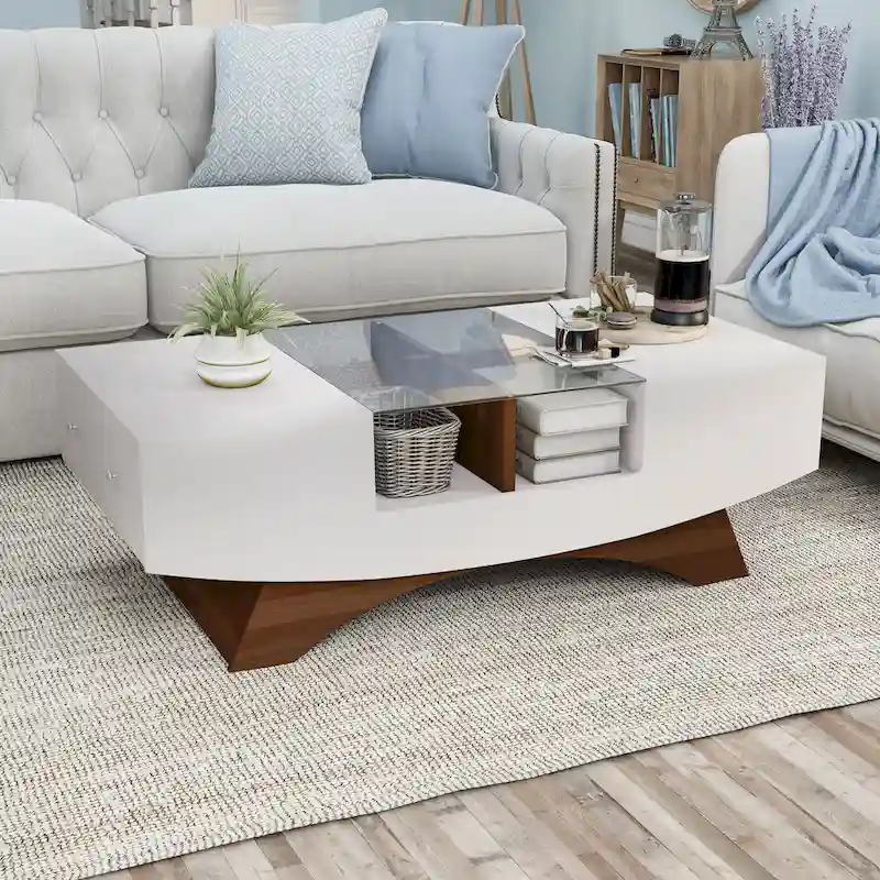 Modern Coffee Table with Glass Top Storage Shelves and LED Lighting