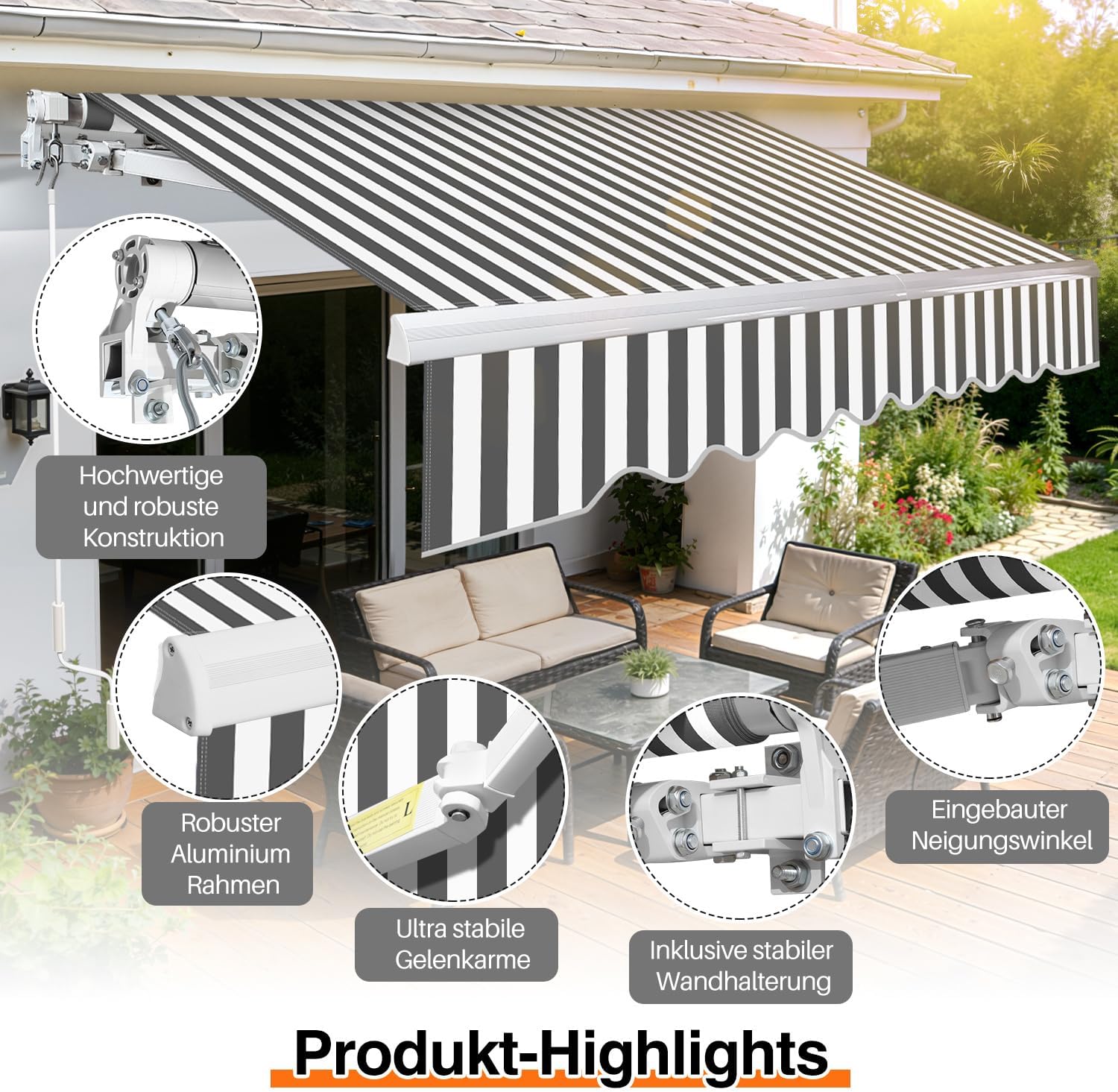 Toldo con brazo articulado, 250 x 200 cm, toldo manual con manivela, ajuste de ángulo de hasta 30 grados, protección solar, protección contra el agua, incluye soporte de pared, color blanco y