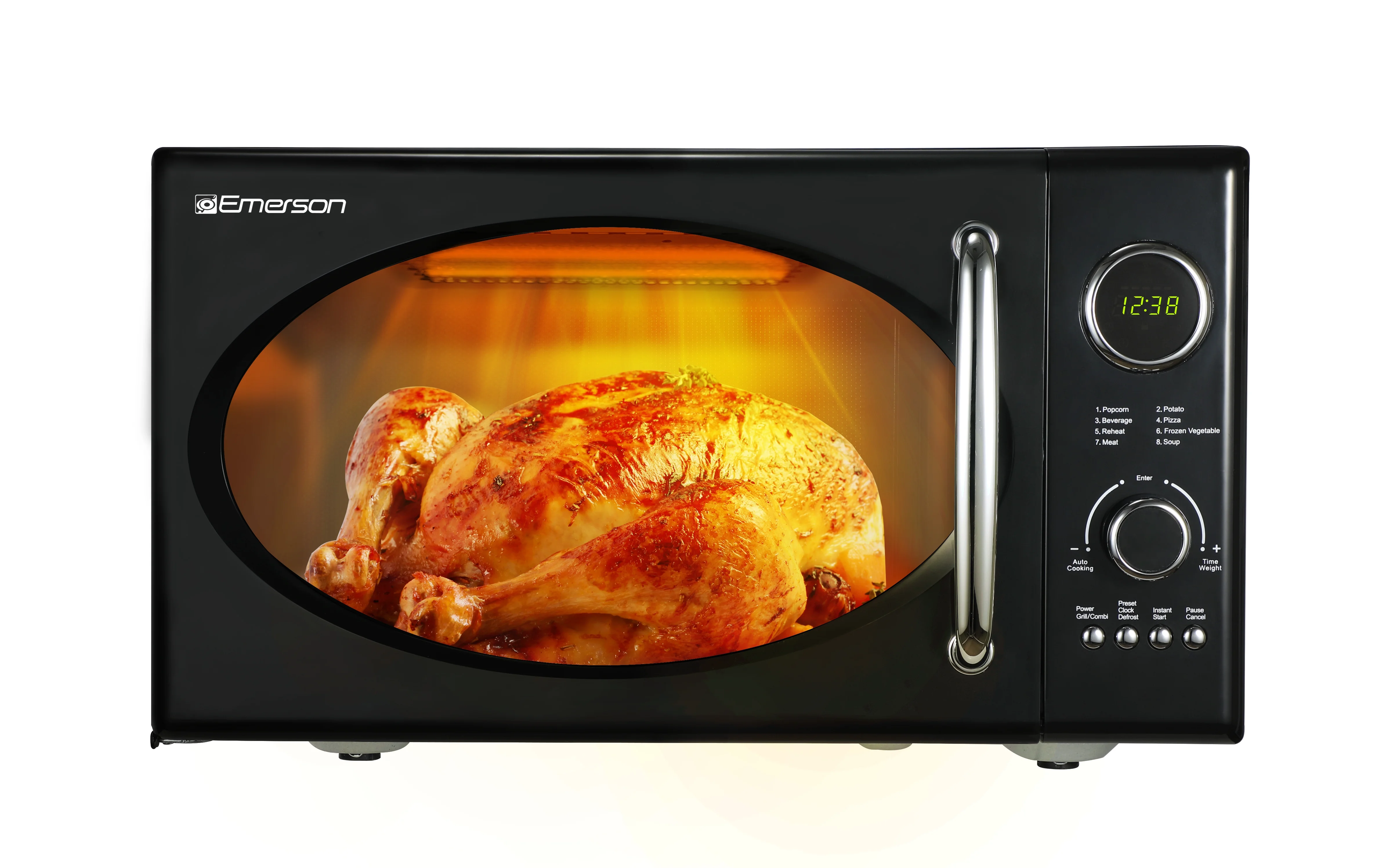 2025 Microondas retro negro Emerson 0,9 pies³ 800 W con función grill, modelo MWRG0901BK.
