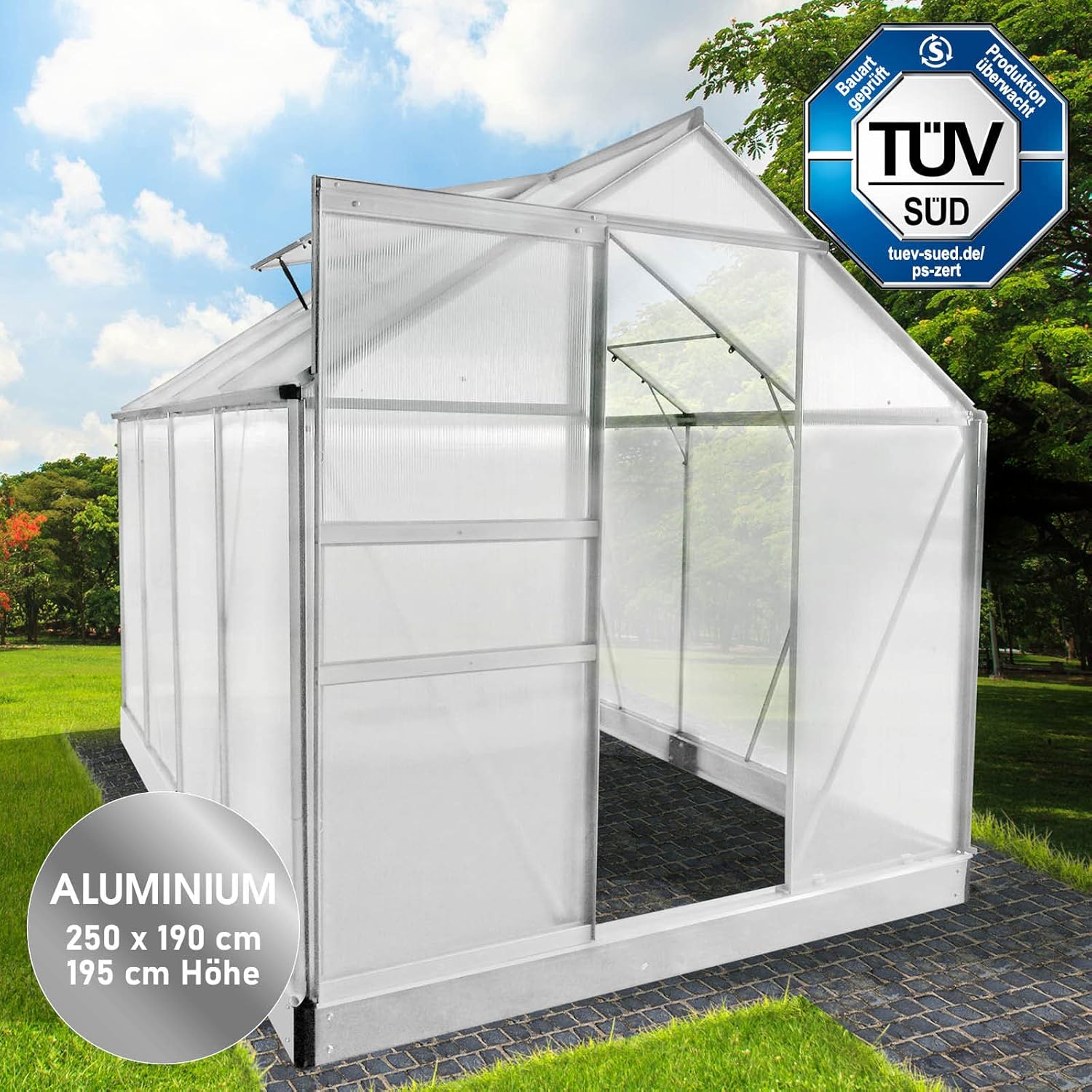 BRAST Aluminium Greenhouse with Base 190 x 190 x 195 cm, TÜV Tested, 6 mm Hollow Chamber Panels, Rustproof/Weatherproof/Temperature-Resistant