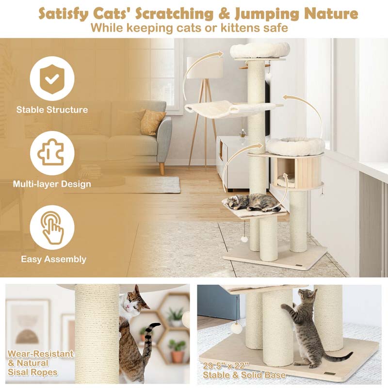 Eletriclife 68.5-Inch 4-Layer Wooden Cat Tree Condo Activity Tower with Sisal Posts