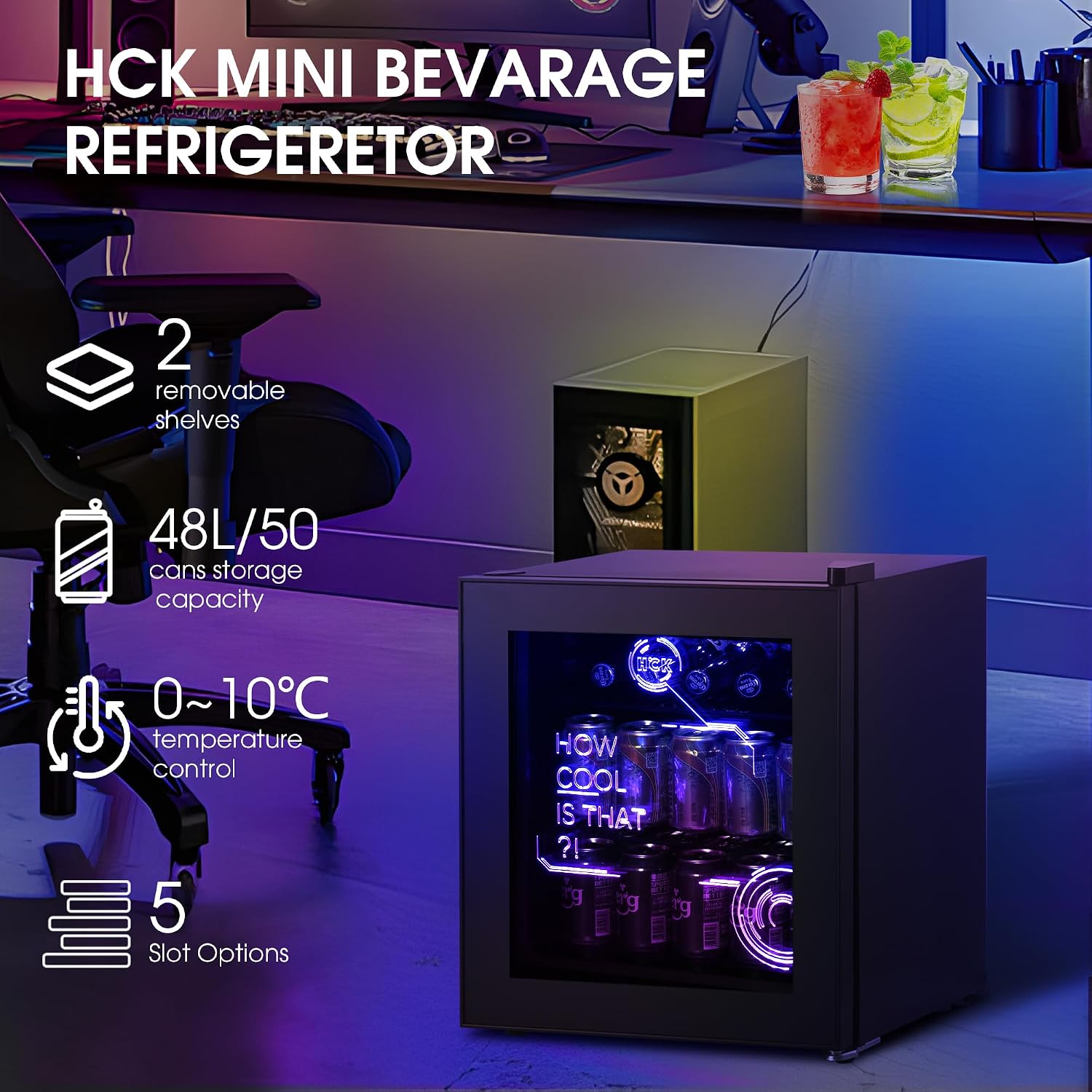 HCK 48L Mini Kühlschrank mit Glastür Leise 39dB, Cyberpunk Getränkekühlschrank mit Fernsteuerbaren RGB LED Lichtern, Flaschenkühlschrank, Mini Fridge 0-15°C für Gaming Deko, Minibar, Schwarz