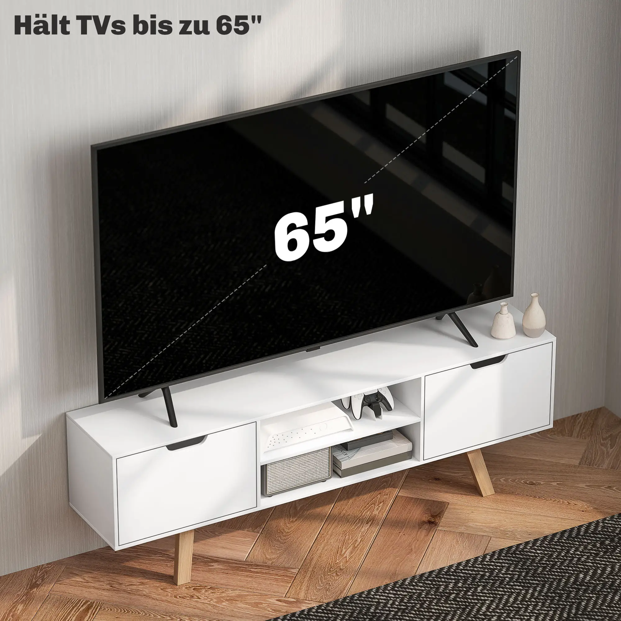 HOMCOM TV Lowboard 65 Zoll mit Kabelführung und 2 Schränken Weiß
