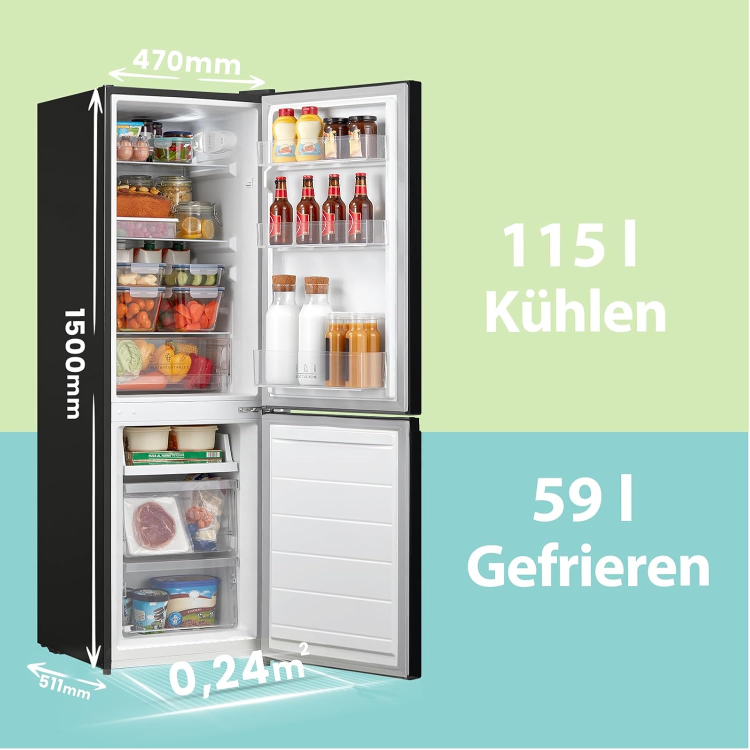 Comfee RCB169DK2(E) Fridge/Freezer Combination, 150 cm Height, Low Frost, Adjustable Fridge Temperature, LED Light, 195 kWh per Year, Fridge Capacity 115 L, 59 L Freezer, Black