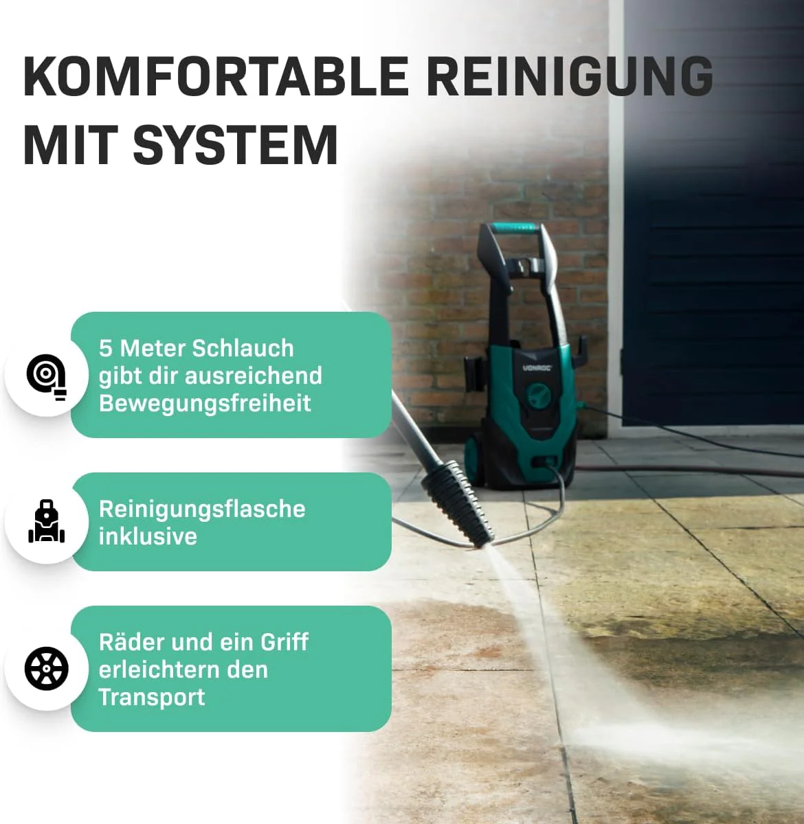 VONROC Professionele hogedrukreiniger 195bar - Gevelreiniger voor zware reinigingswerkzaamheden [2500W] - Hoge wateropbrengst [468 l/u] Reinigingstank, Aluminium Pomp - incl. Terrasreiniger