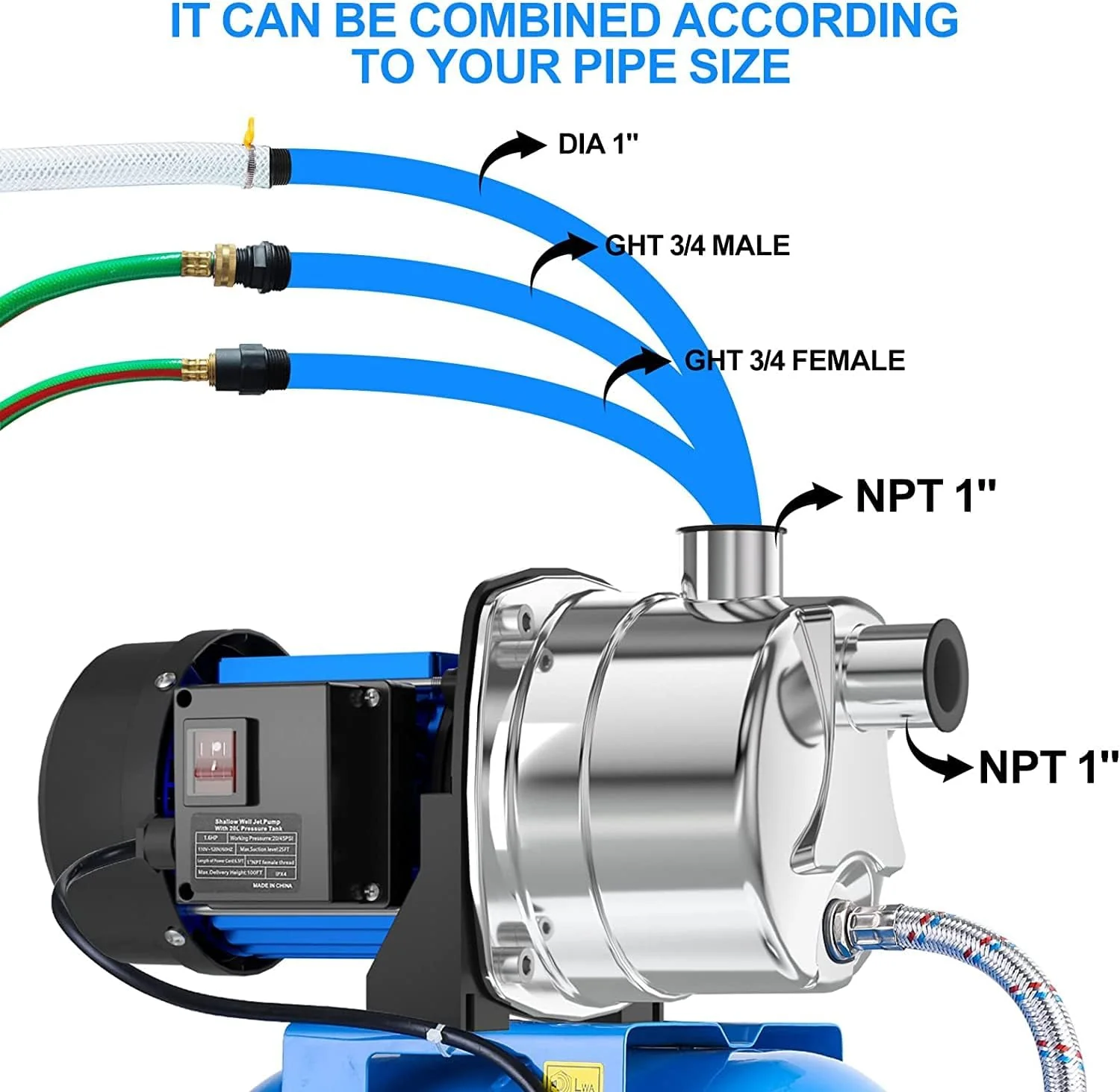 1.6HP Shallow Well Pump with Pressure Tank 1268 GPH Stainless Steel Jet Pump Transfer Drainage Booster Pump Garden Sprinkler System Water Pump for Home Garden Lawn Irrigation