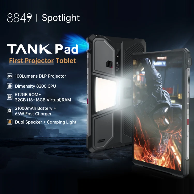 Unihertz 8849 Tank Pad Rugged Tablet PC & Projector, 16GB+512GB, 10.95 inch Android 14 Dimensity 8200 Octa Core 5G Network, EU Plug, Tank Pad