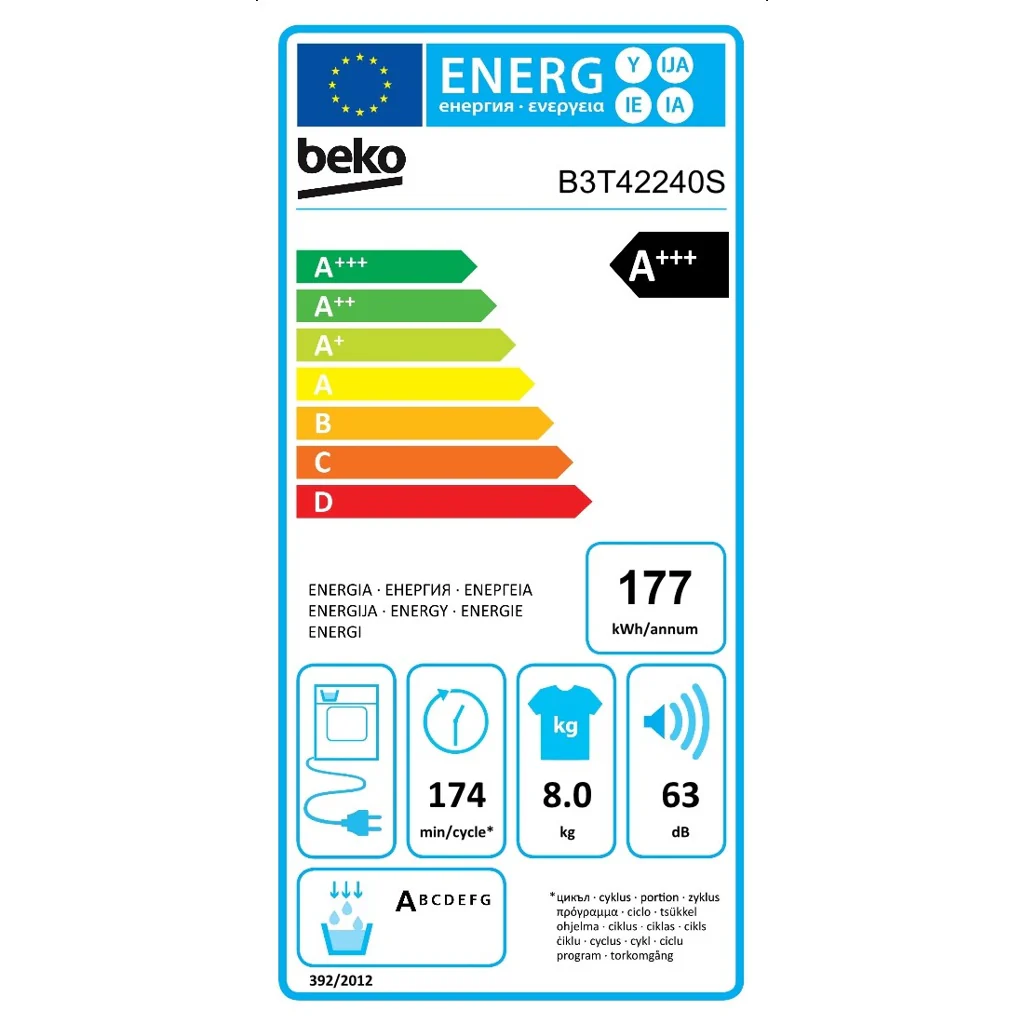 2025 Secadora de bomba de calor Beko B3T42240S independiente 8 kg A+++ blanco