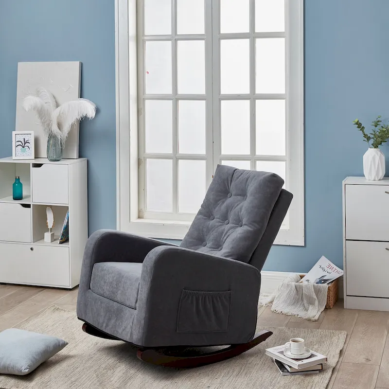 Modern 28.74 High Back Upholstered Buttons Tufted Rocking Chair with Solid Wood Legs and Side Pocket