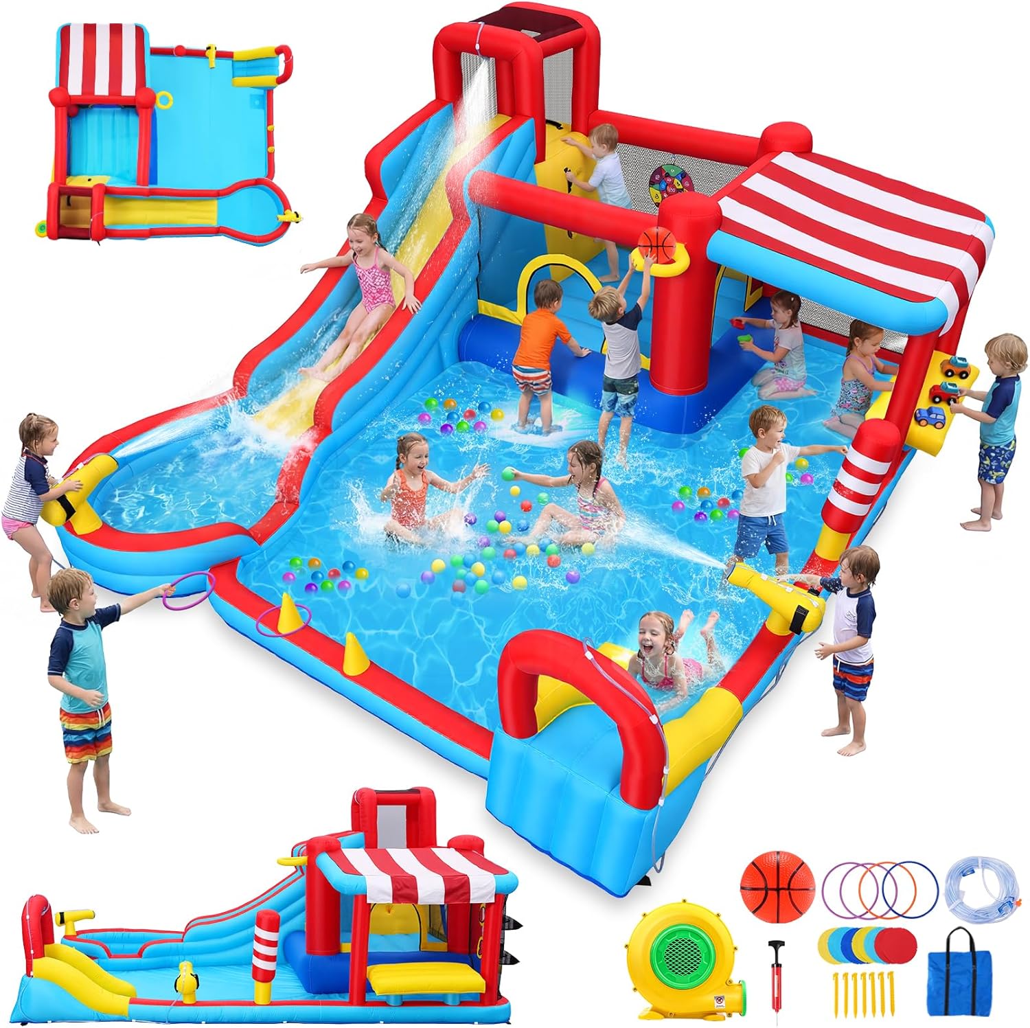 AKEYDIY Scivolo Gonfiabile con Scivolo Acquatico, Due Pistole ad Acqua, Lunga Scivolo, Piscina e Cesto da Basket – Un Must per Ogni Festa Estiva e Un Ottimo Regalo per Bambini di Età 5-12