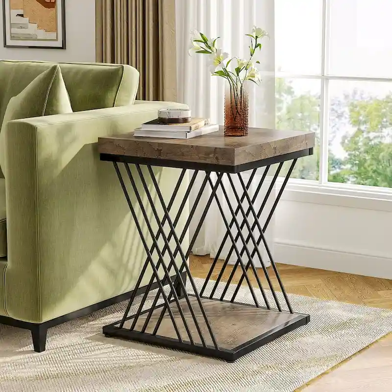Modern Square End Table with Faux Marble Top and Metal Base