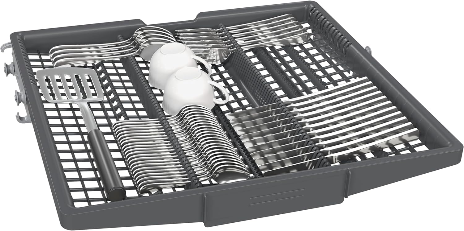 Siemens SN43ES14VE, iQ300 Smarter Geschirrspüler, Unterbau-Spülmaschine mit Besteckschublade, 60 cm, automatische Türöffnung dank autoOpen dry, besonders leise mit iQdrive-Motor, aquaStop, Edelstahl