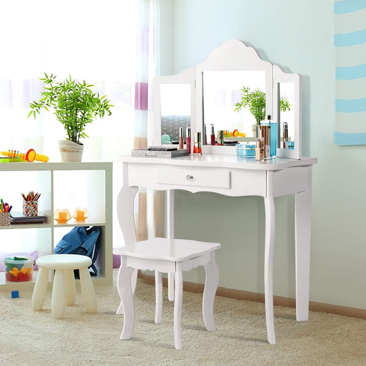 Tocador Con Taburete Y Espejo Para Niña De Mdf Y Madera Mesa De Maquillaje Con Cajón Costway 70 X 34 X 103 Cm