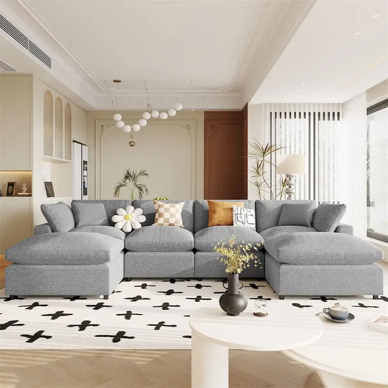 Modern U-Shape Sectional Sofa, 2 Large Chaise with Removable Ottomans