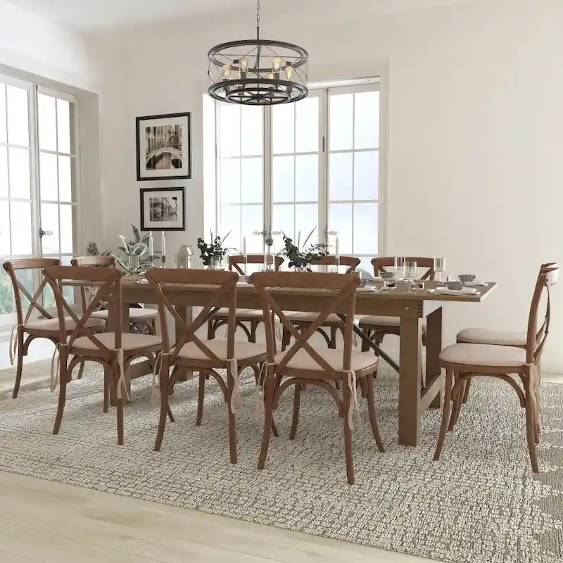 8' x 40 Rustic Folding Farm Table Set with 10 Cross Back Chairs and Cushions
