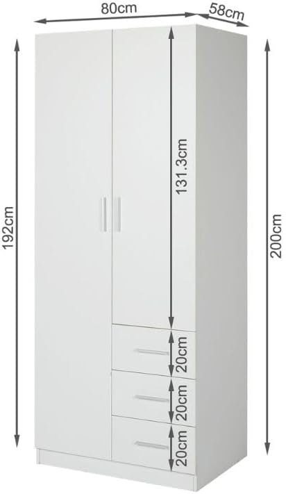 Buyqualia Armario ropero Blanco 200x80x58 cm con 2 Puertas y 3 cajones – Diseño Moderno y Funcional