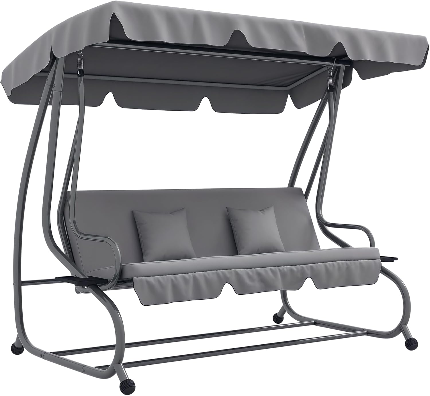 Outsunny Balancín de Jardín Exterior de 3 Plazas Columpio de Jardín Exterior Convertible en Cama 2 en 1 con Toldo Ajustable Soportes Laterales y 2 Almohadas Carga 340 kg 200x120x164 cm Gris
