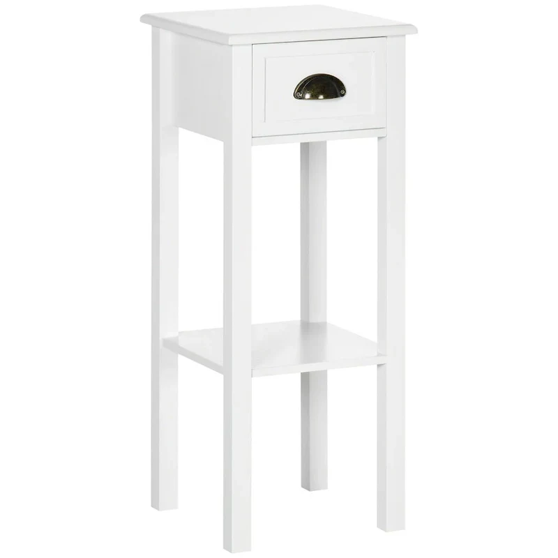 White 2-Tier Narrow Side Table with Drawer and Bottom Shelf for Living Room or Bedroom