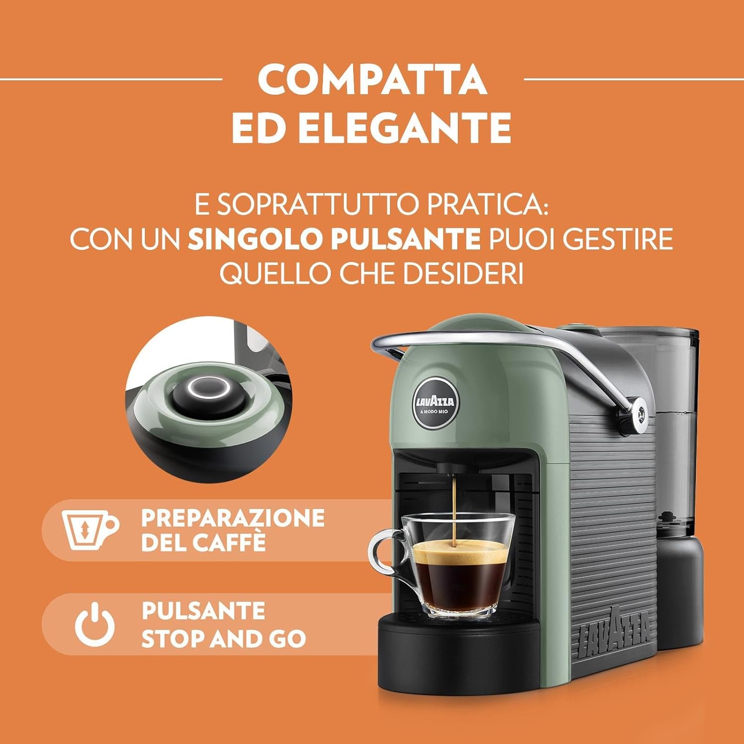 Lavazza A Modo Mio Jolie Evo, Macchina per Caffè Realizzata con 36% di Plastica Riciclata, Macchina Espresso con 64 Capsule Lavazza A Modo Mio Tierra Assortite Incluse, Verde