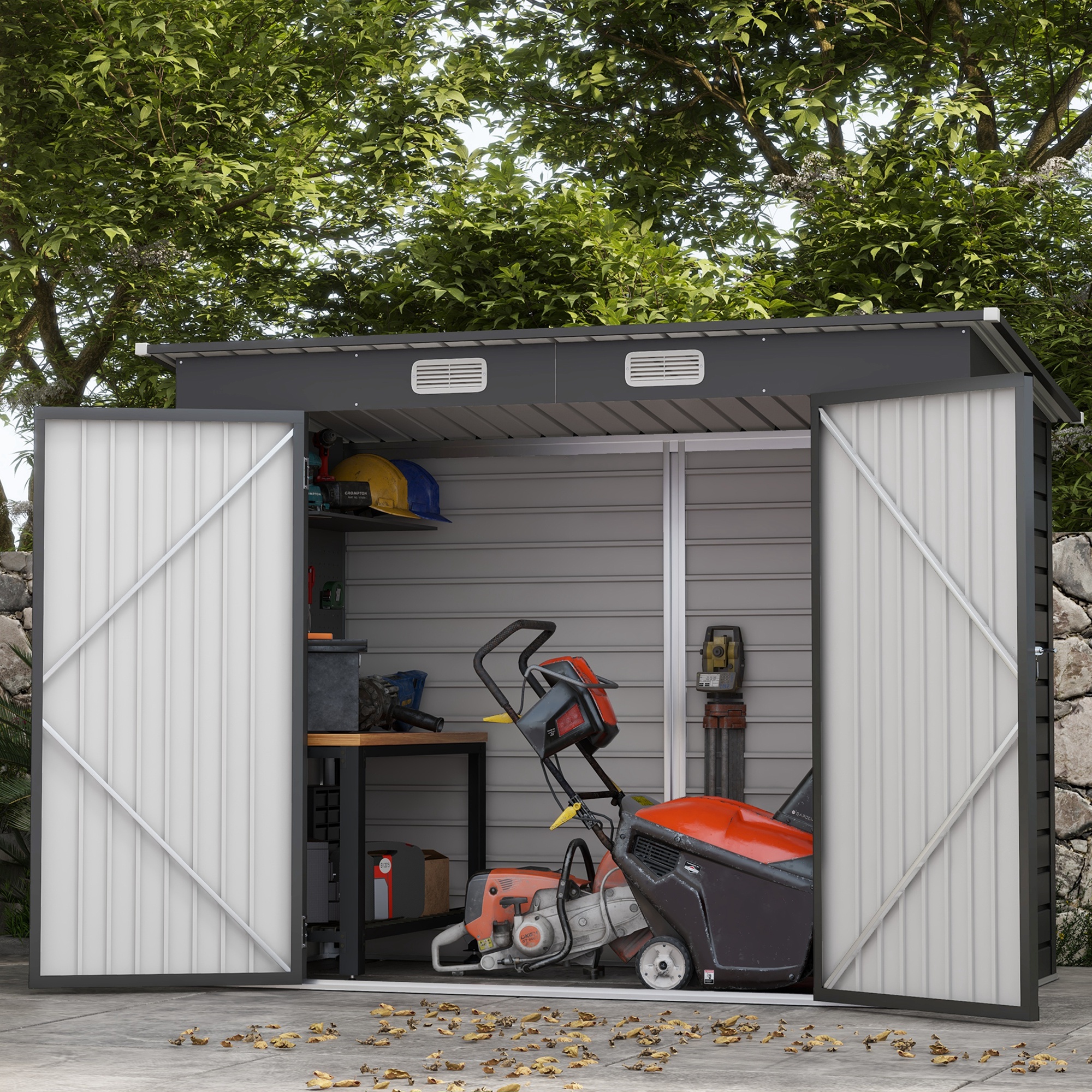 Outsunny Stalen tuinschuurtje, Ger?teschuppen, Dubbele Deuren, 249B x 121D x 166/183H cm, Grijs