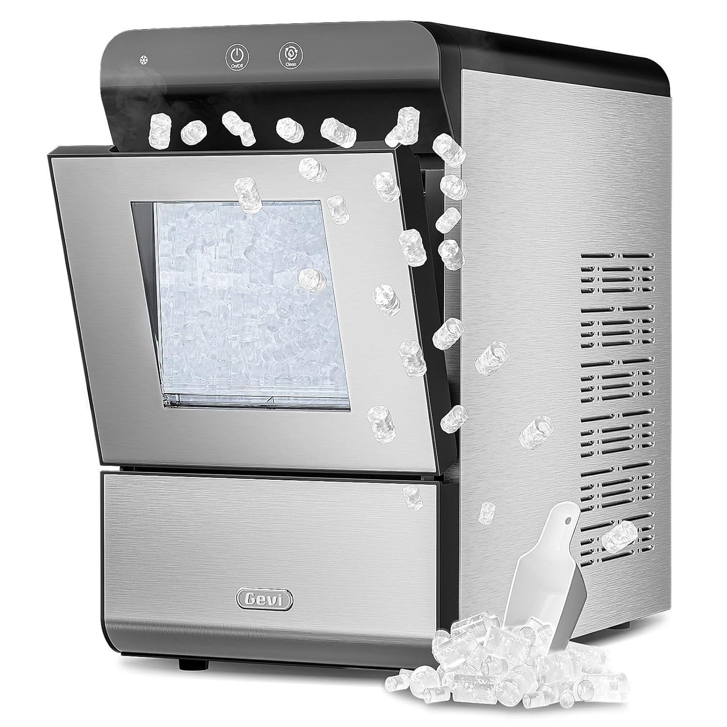 V2.0 Countertop Gemi Nugget Ice Maker | Self-Cleaning Pellet Ice Machine | Open and Pour Water Refill | Stainless Steel Housing | Fit Under Wall Cabinet | White