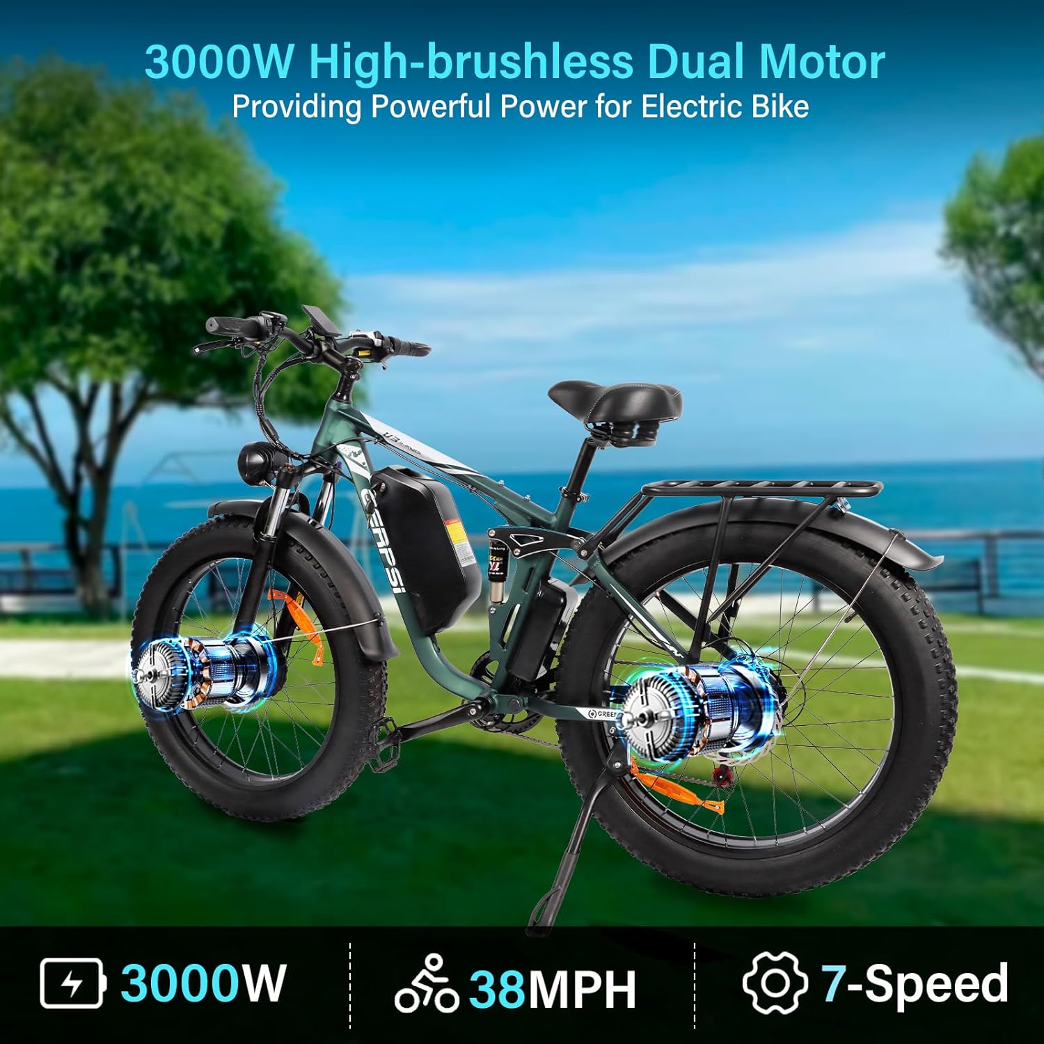 GERPSI Peak 5000W Dual Motor Ebike,Full Suspension E Bike Hydraulic Disc Brake,48V 25AH Battery Electric Bike for Adults,38MPH 85Miles Electric Bicycle for Adults,26''Fat Tire for All Terrain E-Bike