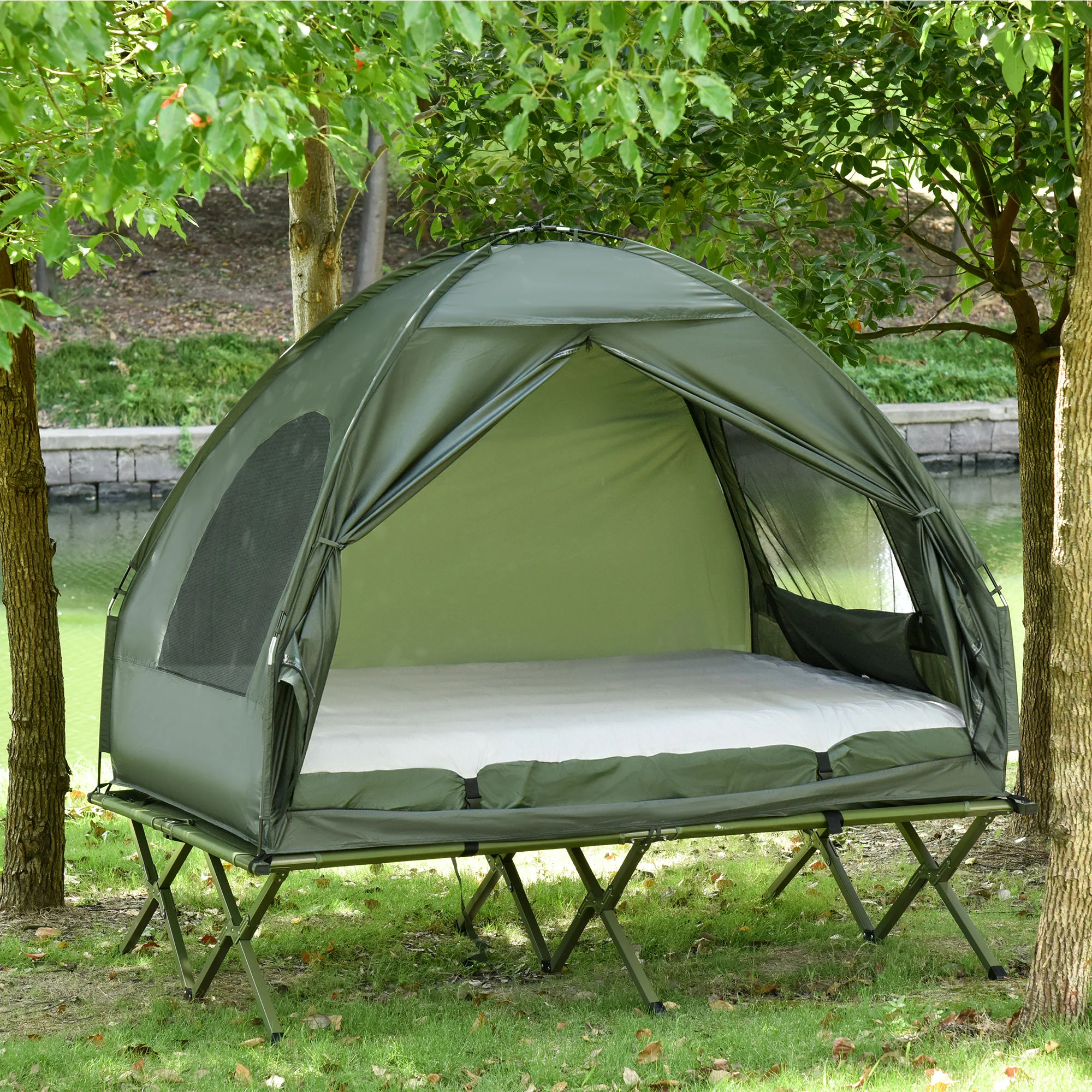 Outsunny Campingbedje met Matras Hoge Slaap Draagbaar, Groen