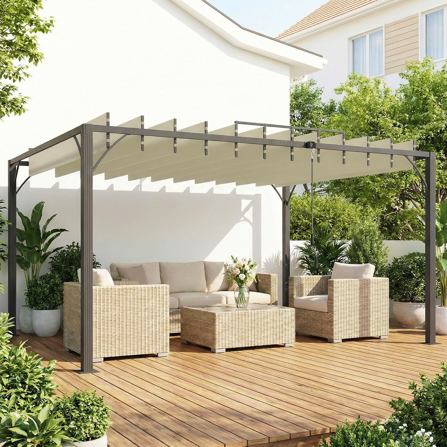 Outsunny Pérgola de Jardín 3x4 m, Cenador de Jardín con Techo de Lamas Orientables a 135°, Columna de Aluminio, Vigas de Hierro, Protección UPF30+, Pabellón para Exterior, Patio, Terraza, Blanco Crema