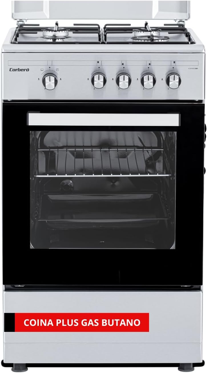 Corberó -Cocina Gas Butano Plus | 50cm | CCSF45020BX | 4 Fuegos | Horno 43L con Doble puerta Cristal | Tapa Metal | Bandeja y Parrilla Cromada | Desconexión Automática Seguridad | Inox