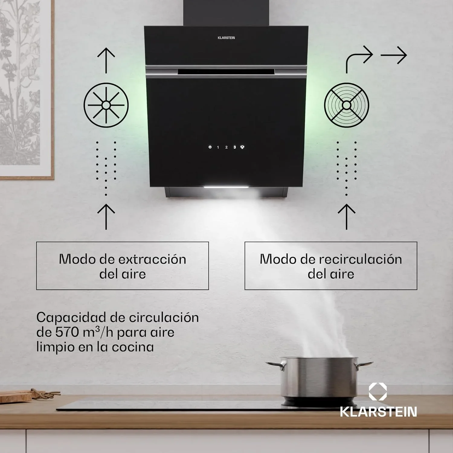 KLARSTEIN Alina Campana Extractora - 570 m³/h, Clase A, LED, 54 dB, Recirculación & Extracción, Campana Cocina Decorativa, Control Táctil, 39.8 cm Ancho, Negro