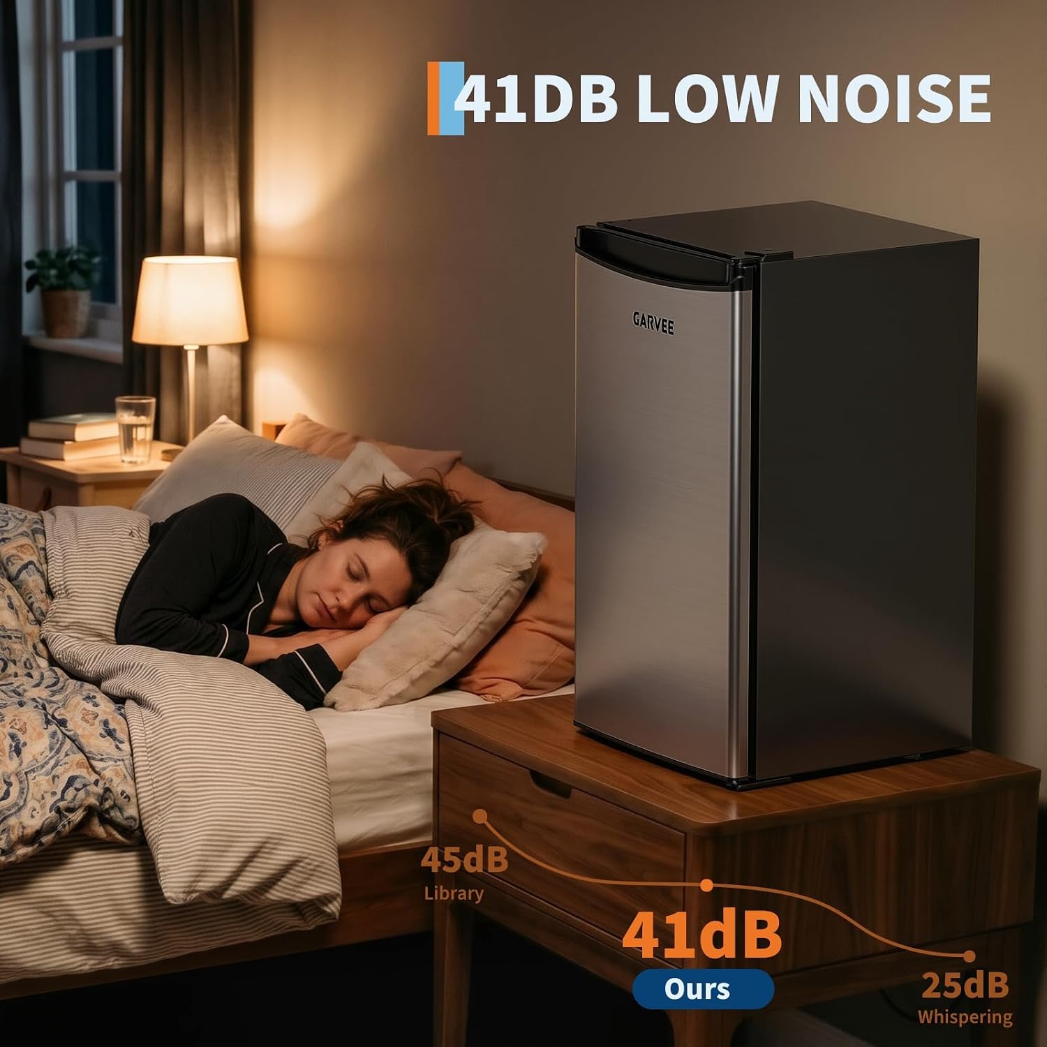 Garvee Leiser Mini Kühlschrank 45L – Edelstahlfront, 5 Temperaturstufen (0–18℃), Gemüseschublade, verstellbare Füße, kompakt & energieeffizient – Für Zimmer & Büro – European Standard