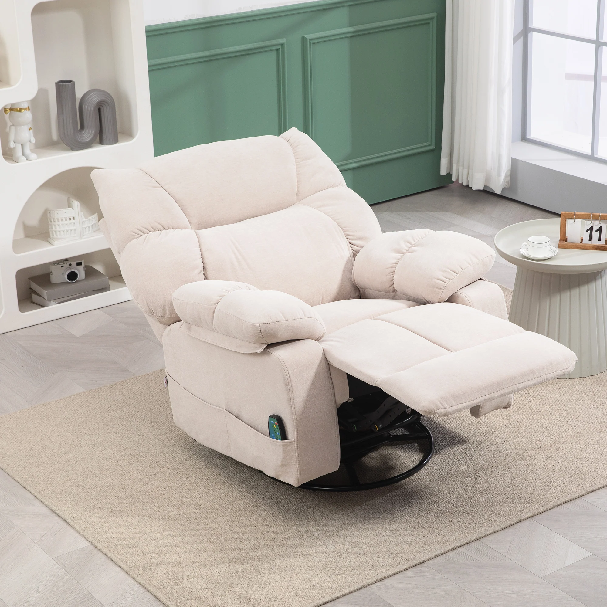 HOMCOM Massagestoel met Verwarmings- & Ligfunctie, Draaibaar, tot 150 kg, Metaal Frame, 98x90x98cm, Beige