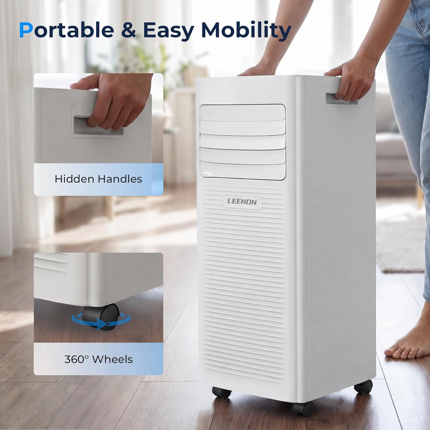 LEENON Klimaanlage Mobil Klimagerät 9000 BTU, 4 in 1 Kühlen Entfeuchten Lüftermodus Schlafmodus, 2.6KW Mobile Klima mit Abluftschlauch, Fernbedienung/ 24h-Time, Air Conditioner, Für Räume bis 35 m²