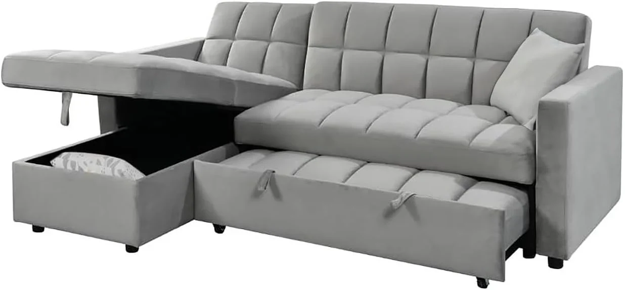 2026 Sofá Cama Chaise Longue 210x145 cm - Chaise Longue Reversible Ambos Lados con Arcón, Sofa Rinconera con Sistema de Arrastre, Armazón de Pino Macizo - Gris Terciopelo