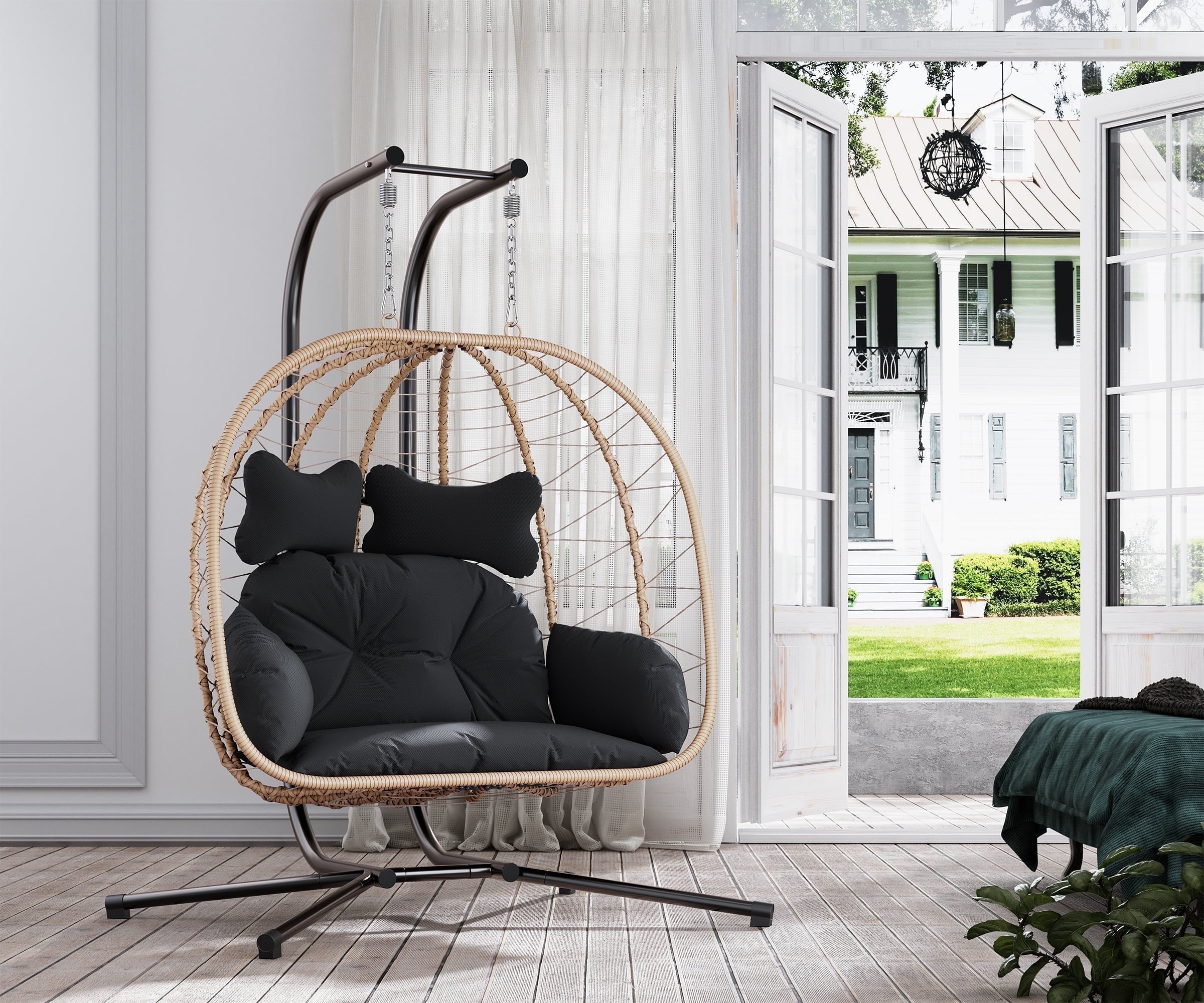Bifanuo Double Wicker Swing Egg Chair Hammock Foldable Hanging Loveseat with Stand, UV Resistant Removable Cushions, 700LBS Capacity for Bedroom, Balcony (Black and Beige)