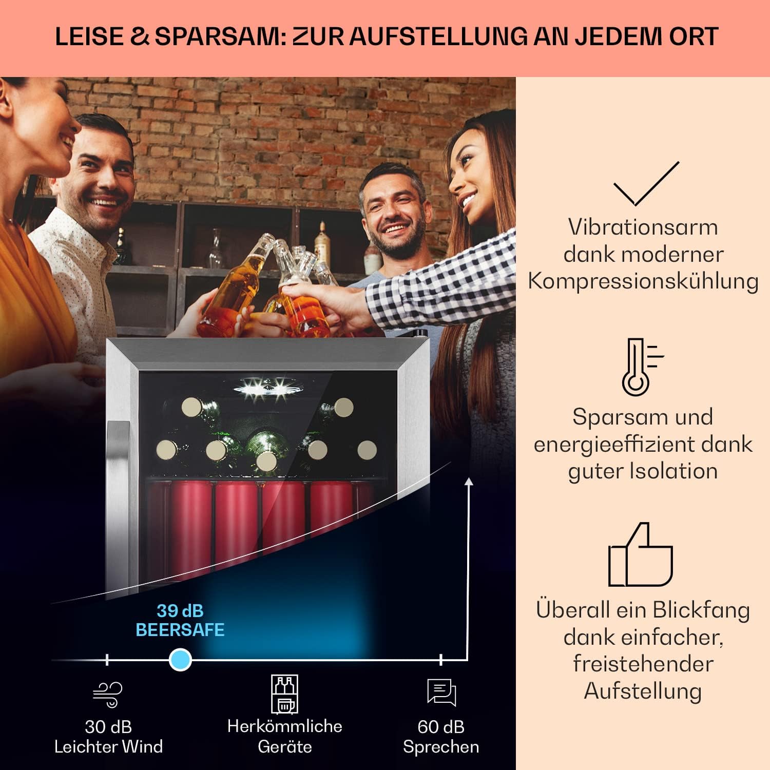 Klarstein Kühlschrank 70L, Kleiner Kühlschrank mit Herausnehmbaren Ablagen, Leiser Mini Kühlschrank mit Glastür & LED, Getränkekühlschrank Klein, Outdoor Geeignet, Biersafe für Flaschen, 0-10°C