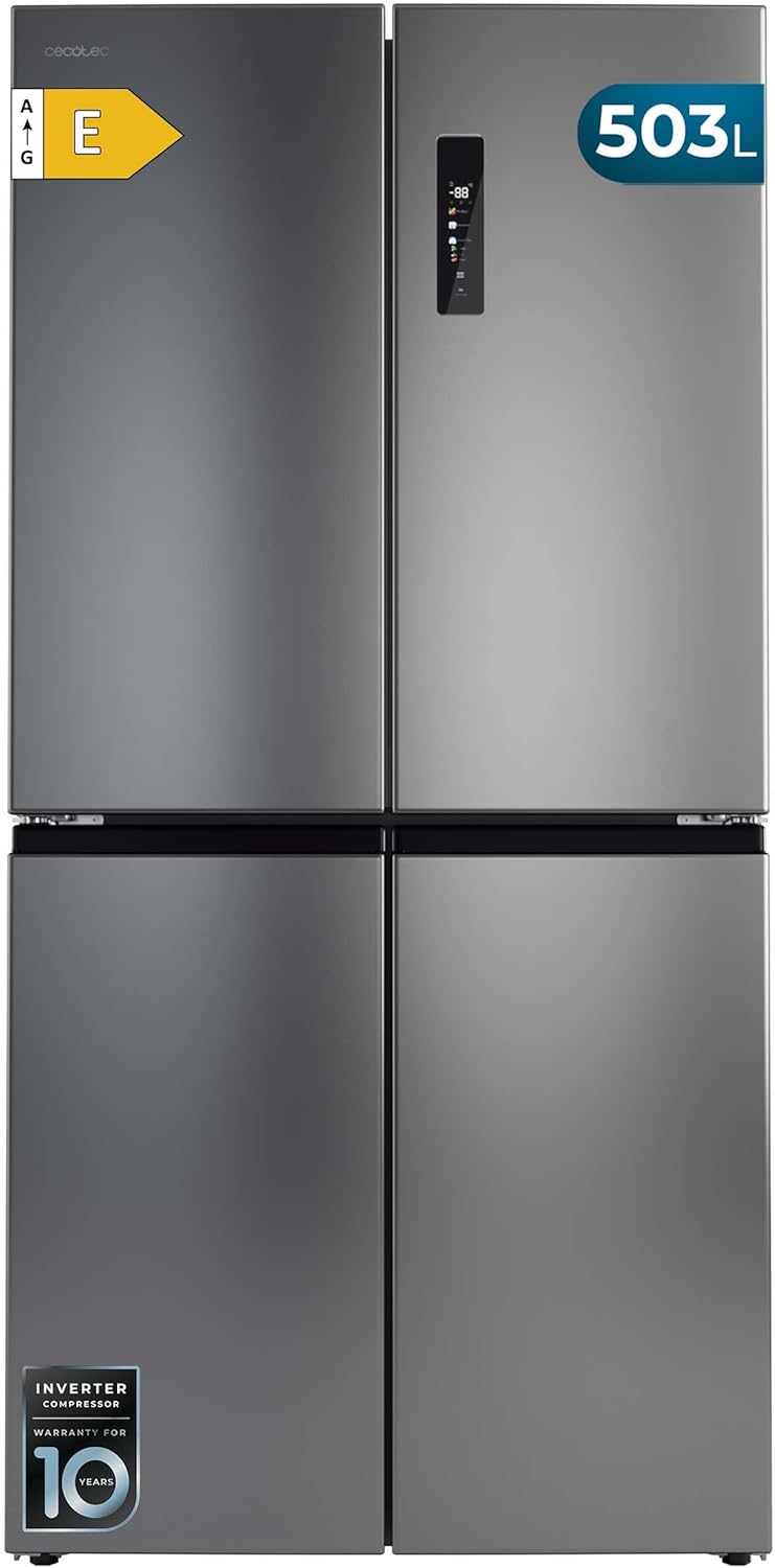 Cecotec Frigorífico 4 Puertas Inox Total No Frost Bolero CoolMarket 4D 503 Inox E, 503 Litros, Alto 177,5 cm y 85,3 cm Ancho, MetalFlexCooling, Compresor Inverter, Cajón Temperatura y Humedad Variable