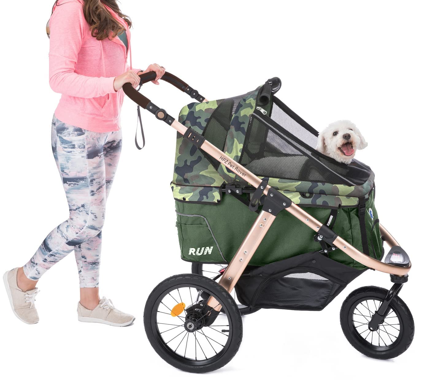 Jogging Sports Stroller with Comfort Rubber Wheels/Zipper-Less Entry/1-Hand Quick Fold/Aluminum Frame for Small/Medium Dogs, Cats and Pets (Green Camo)