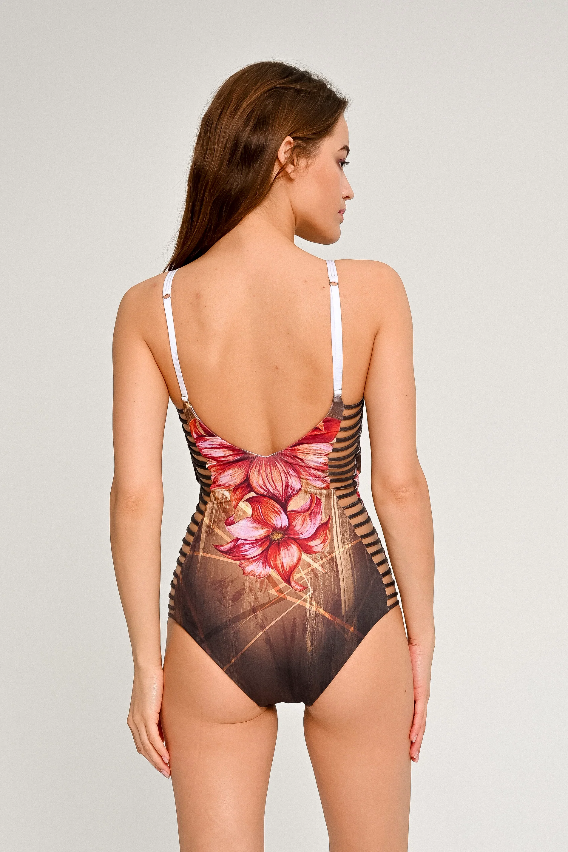 High neck with elastic side straps, 'Lilies' swimwear