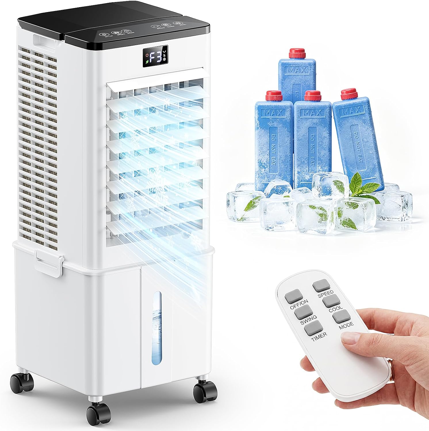 Portable Air Conditioner with Auto Oscillation,Powerful Cooling Portable AC Unit,1-12H Timer, 10L Removable Water Tank,4 Ice Boxes, Remote Control, Touch Display, Air Cooler For Home(White)