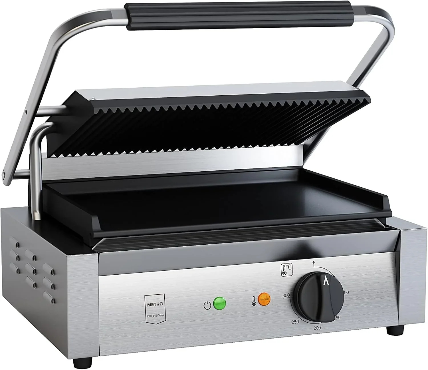 METRO Professional Plancha con Panini grill GPG1202, acero inoxidable, 43 x 36 x 20 cm, temperatura hasta 300°C, 45 paninis cada 60 minutos, plata