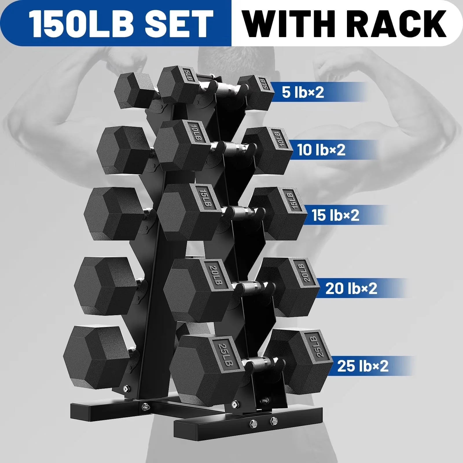 150 lb Dumbbell Set with Rack, Rubber Encased Hex Free Weights for Home Gym Strength Training