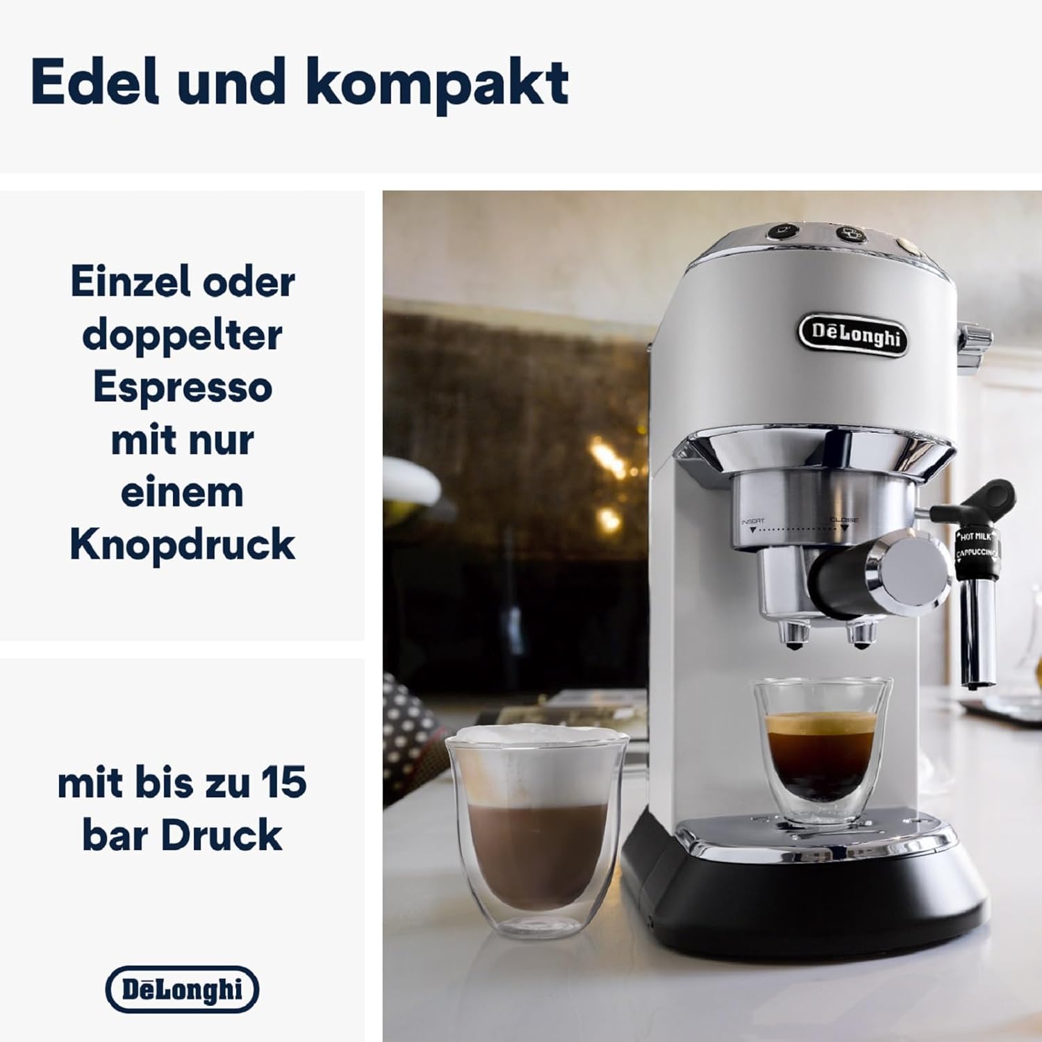 De'Longhi Dedica Style EC 685.M – Espresso Siebtrgermaschine, Espressomaschine mit professionellem Milchaufschumer, nur 15 cm breit, für Kaffeepulver oder ESE Pads, 1 l Wassertank, silber